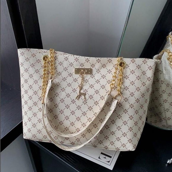 Handbags - ⚠️Clearance Beige Large Tote Shoulder Bag Metal Deer Charm